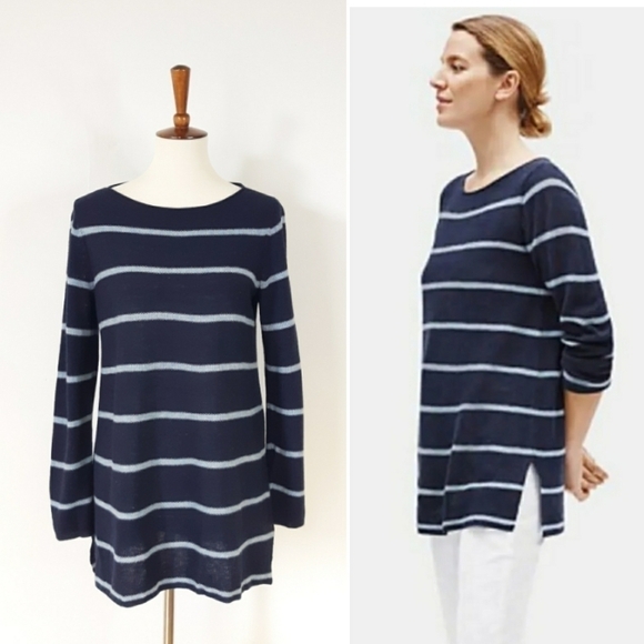 FINAL ⬇️ Eileen Fisher | Merino Blend Striped Bateau Neck Top in Navy - Picture 1 of 7
